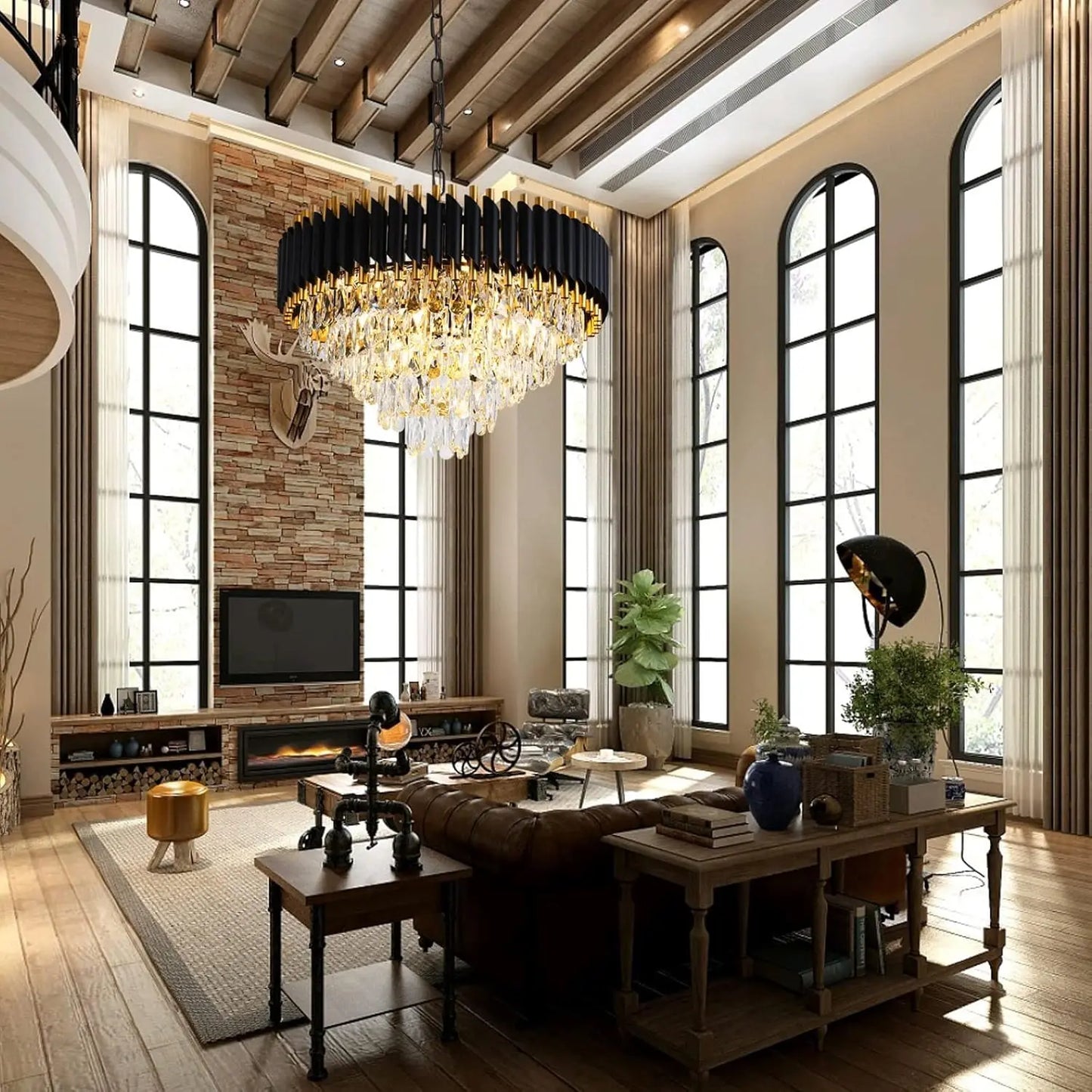 Modern Black & Gold Dimmable 5-Tier Round K9 Crystal Chandelier