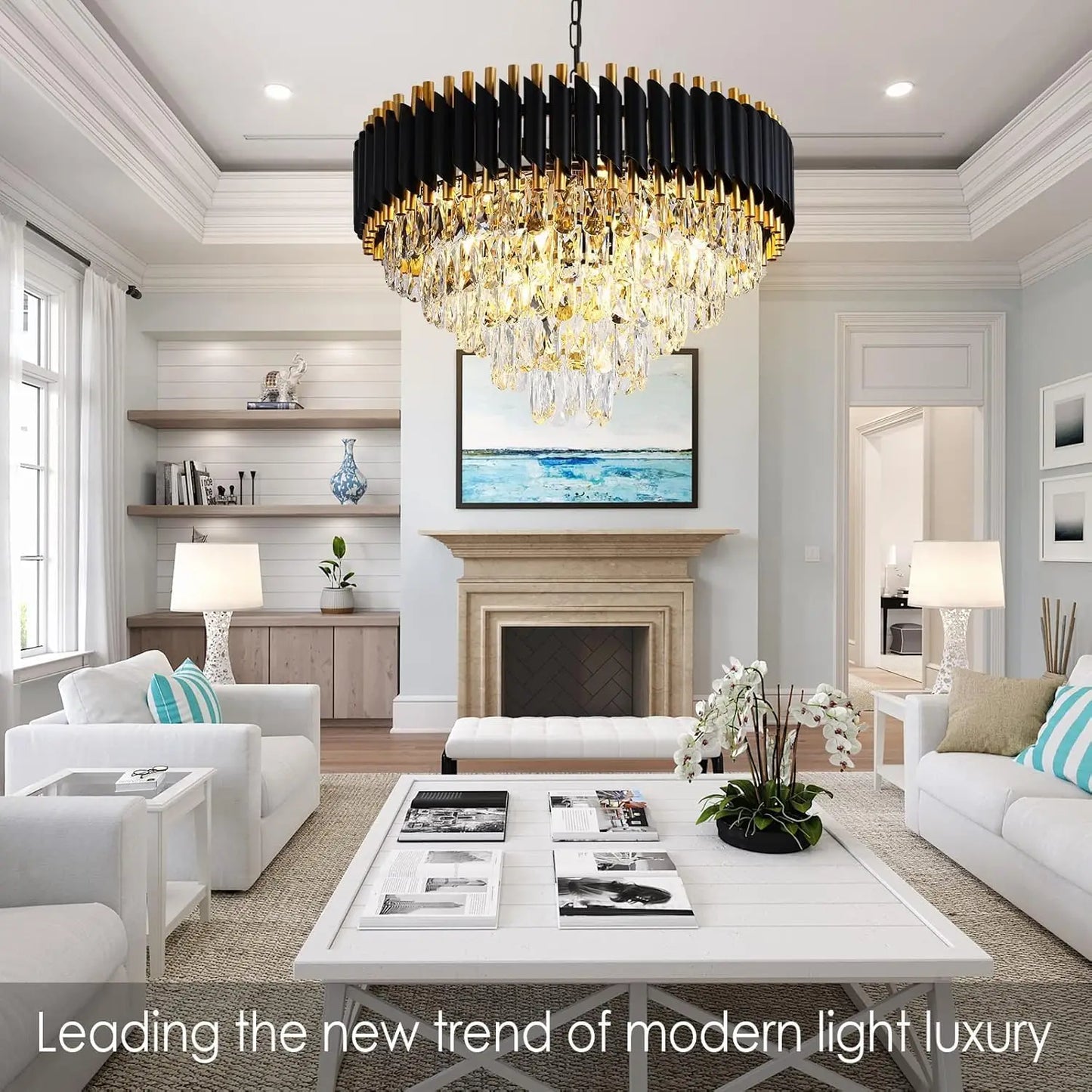 Modern Black & Gold Dimmable 5-Tier Round K9 Crystal Chandelier