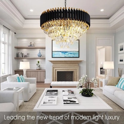 Modern Black & Gold Dimmable 5-Tier Round K9 Crystal Chandelier