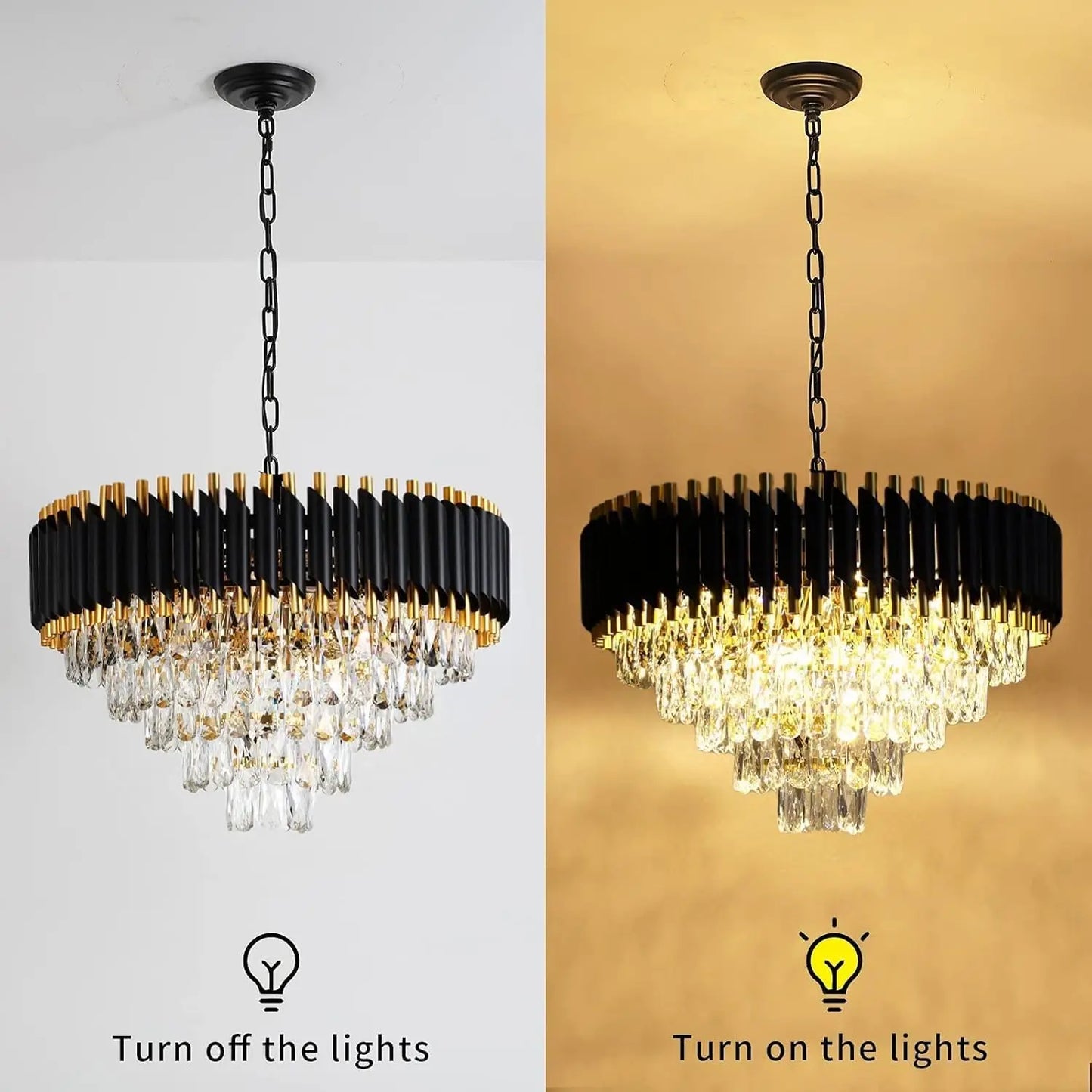 Modern Black & Gold Dimmable 5-Tier Round K9 Crystal Chandelier