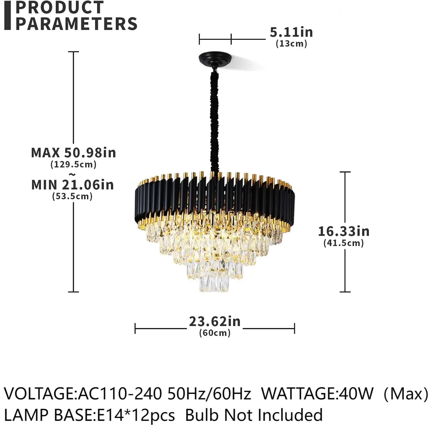 Modern Black & Gold Dimmable 5-Tier Round K9 Crystal Chandelier
