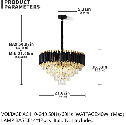 Modern Black & Gold Dimmable 5-Tier Round K9 Crystal Chandelier