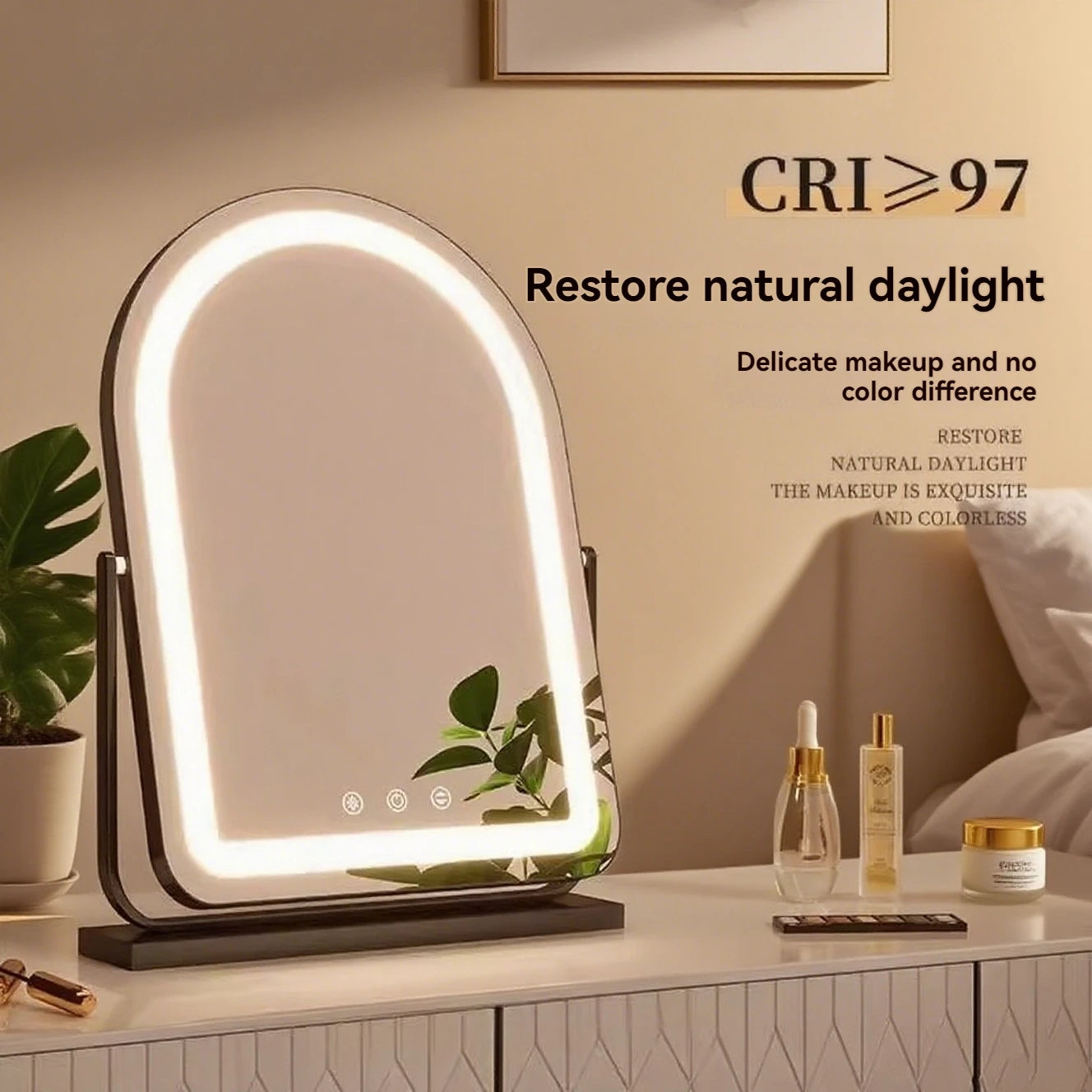 An arched LED vanity mirror with a black stand, illuminated with a warm white glow, set on a bedside table next to skincare products and a plant. Text overlays highlight and 'Restore natural daylight'.