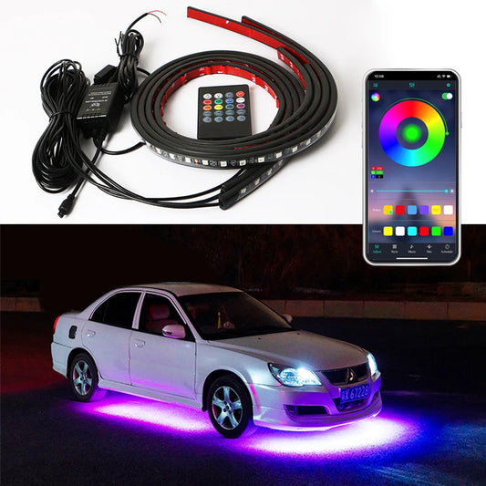 Car LED strip light kit with remote control and smartphone app for color selection, shown on a car at night.