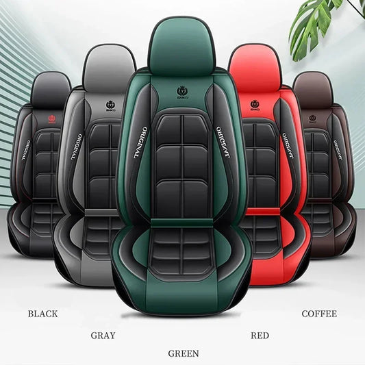 Set of car seat covers in various colors on a neutral background