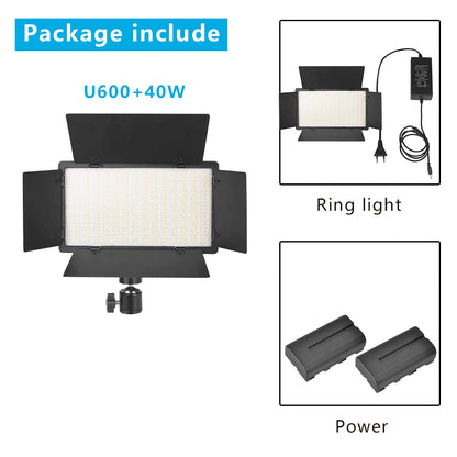 Package contents including U600+40W light, ring light, and batteries on a white background.