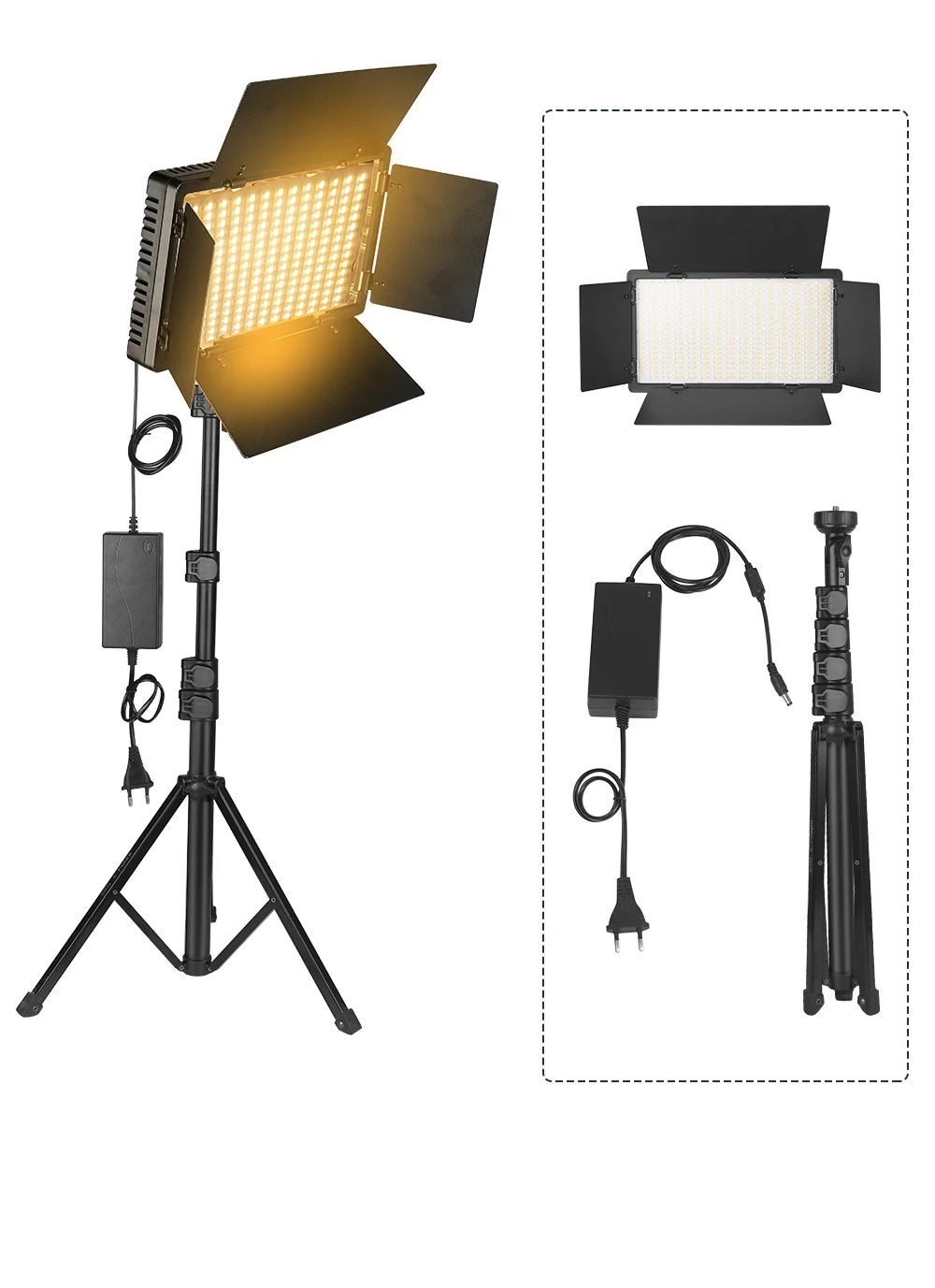 Studio light with stand and accessories on a white background