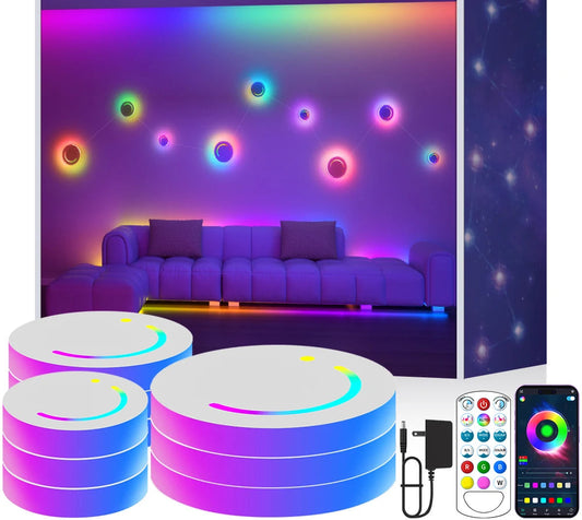 LED constellation light set with packaging, lights, remote control, and smartphone app on a white background.