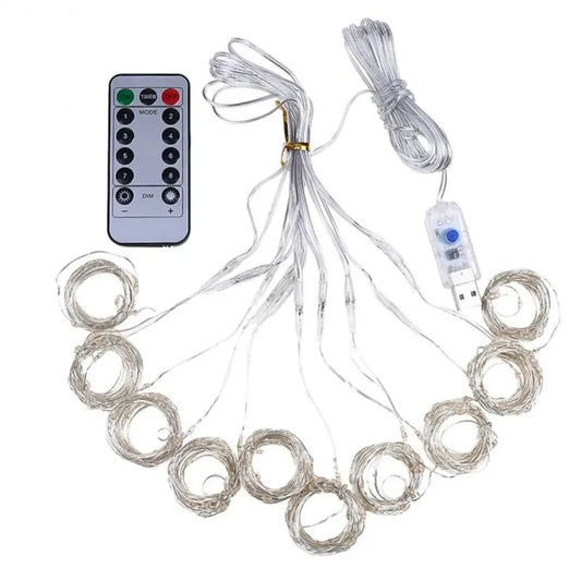 String lights with remote control and USB cable on a white background