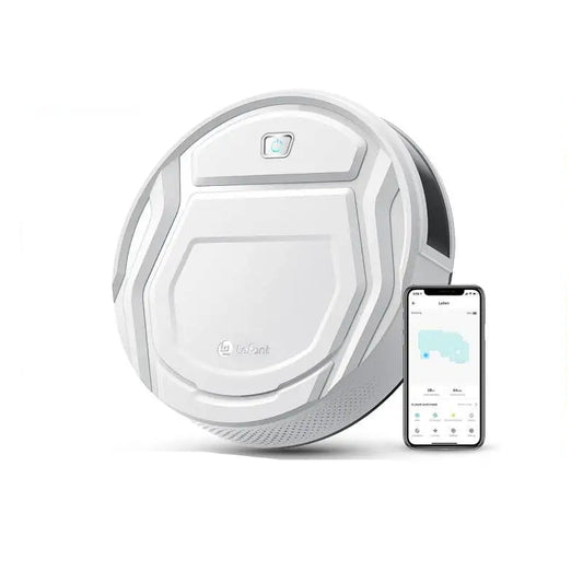  robot vacuum cleaner with smartphone app on a white background