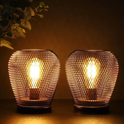 Metal Cage Table Lamp LED Lantern Battery Powered Cordless Accent Lamps Light