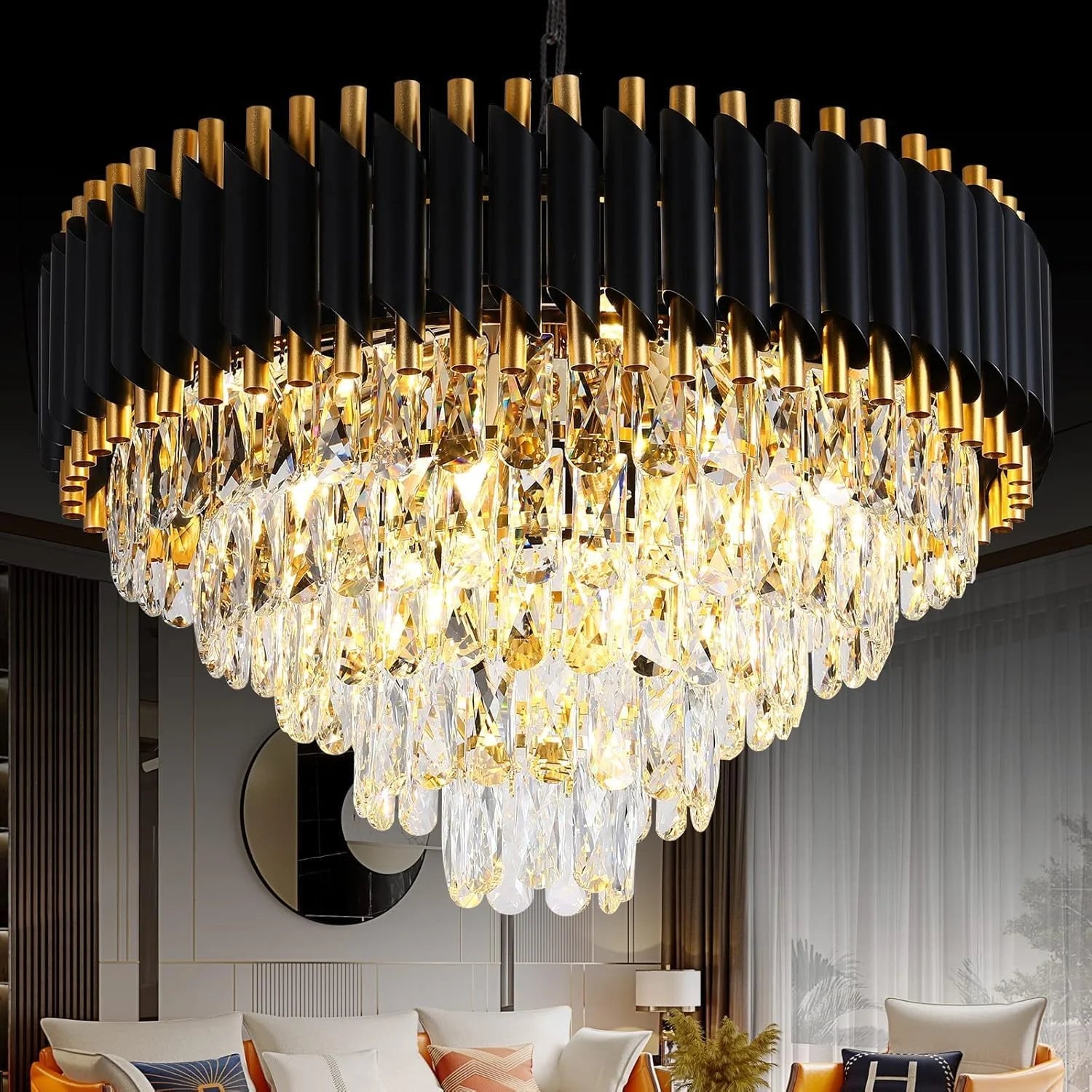 Modern Black & Gold Dimmable 5-Tier Round K9 Crystal Chandelier
