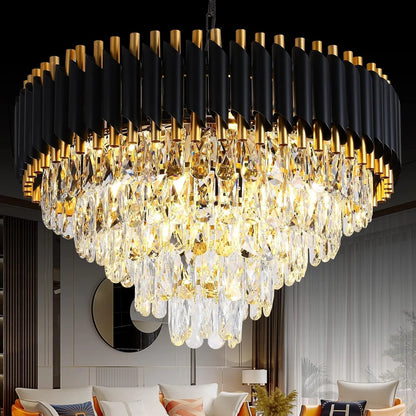 Modern Black & Gold Dimmable 5-Tier Round K9 Crystal Chandelier