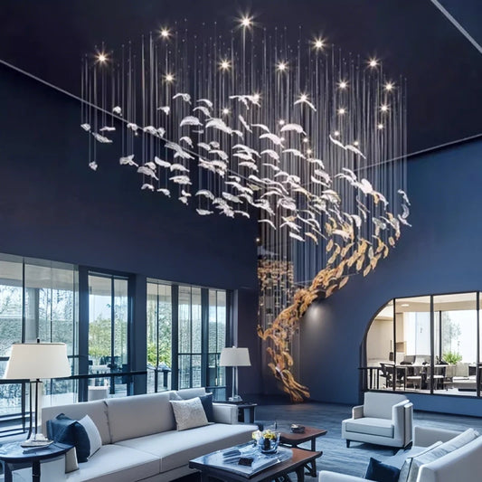 Modern living room with a large chandelier and stylish decor
