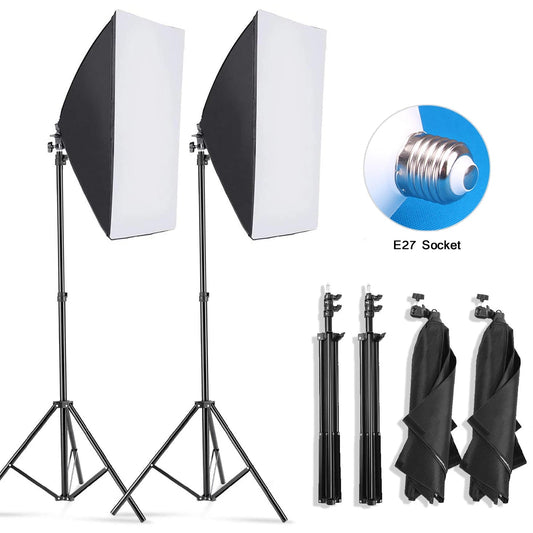 Photography studio light setup with softboxes, stands, and E27 socket on a white background.