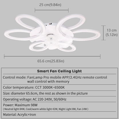 Ceiling Lamp Fan Silent 6 Speed APP Remote Control