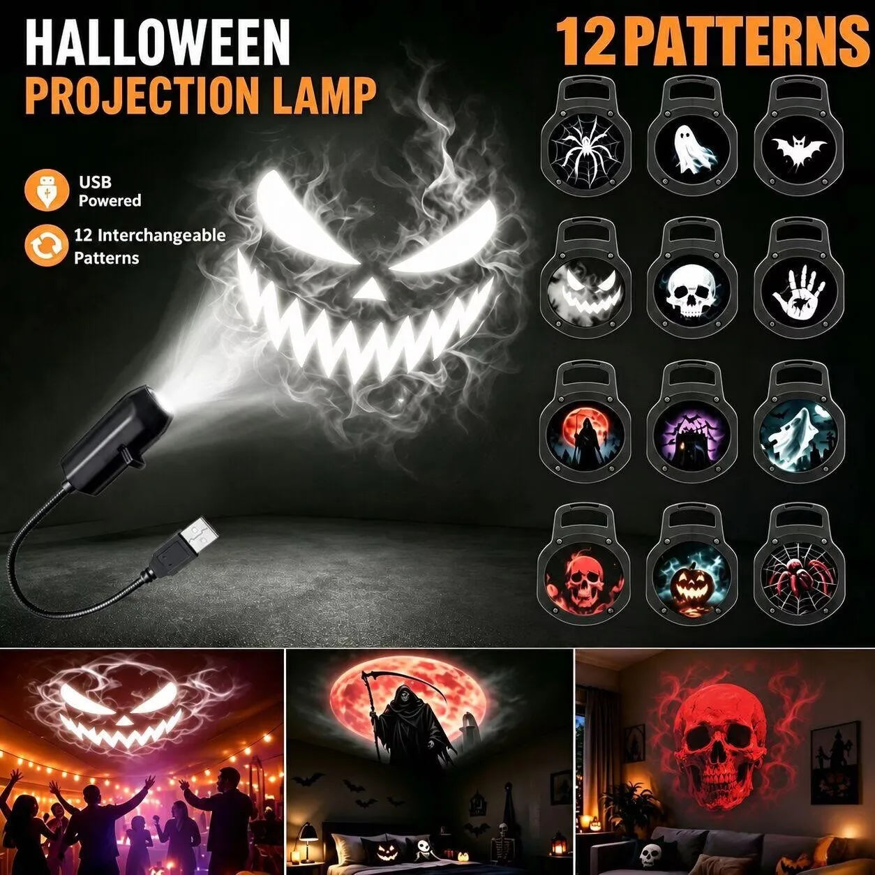 Ghost Skull Night Light Switchable Pattern LED Projector Lamp