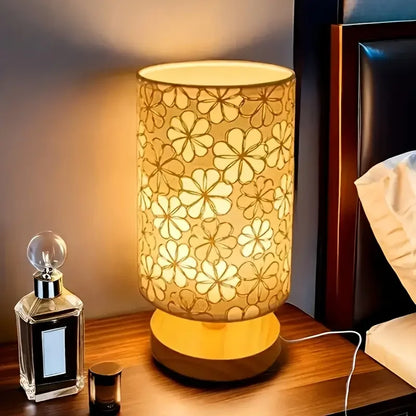 Simple cloth cover table lamp wooden base, USB power supply