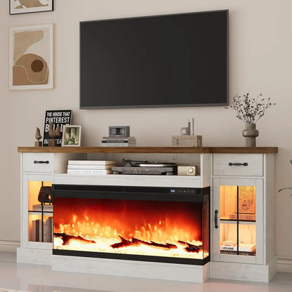 70" Farmhouse Fireplace Entertainment Center with Storage Cabinets, Console Table