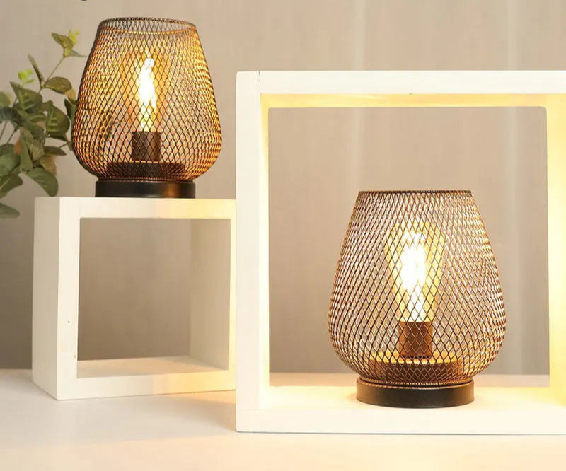 Metal Cage Table Lamp LED Lantern Battery Powered Cordless Accent Lamps Light