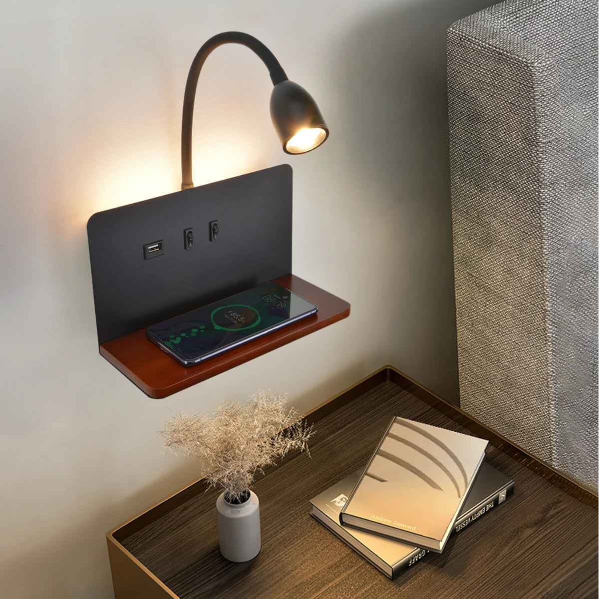 Indoor LED Wall Lamp With USB Interface And Wireless Charging 360° Rotatable Royal Lights & Home Decor