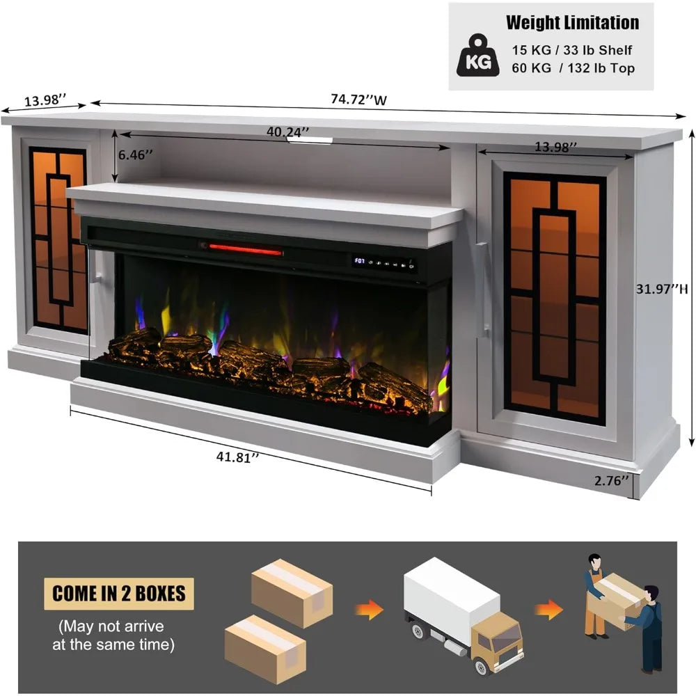 75 Inch Electric Fireplace TV Stand, Console Table