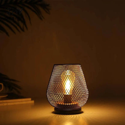 Metal Cage Table Lamp LED Lantern Battery Powered Cordless Accent Lamps Light