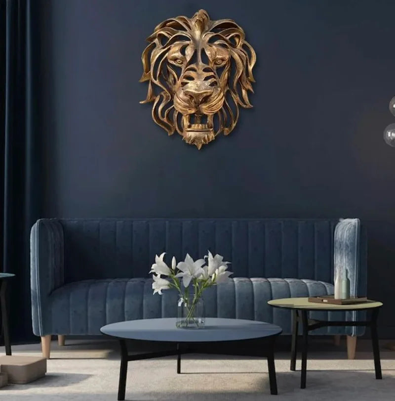 Significant Lion Head Wall Mounted Art Sculpture Gold Resin - Royal Lights & Home Decor