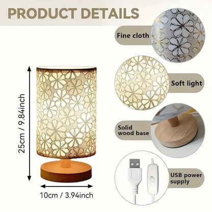 Simple cloth cover table lamp wooden base, USB power supply