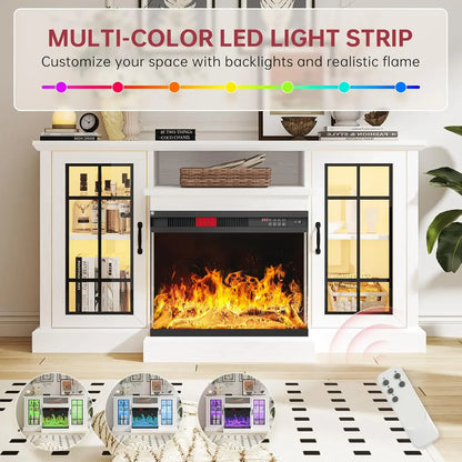 59'' Fireplace 3 Sided Glass Entertainment Center Console Table for TVs up to 65''