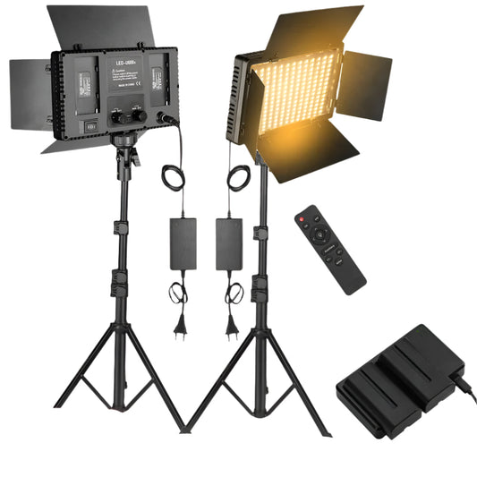 Video studio light with stand and battery pack on a white background