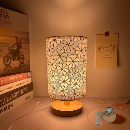 Simple cloth cover table lamp wooden base, USB power supply
