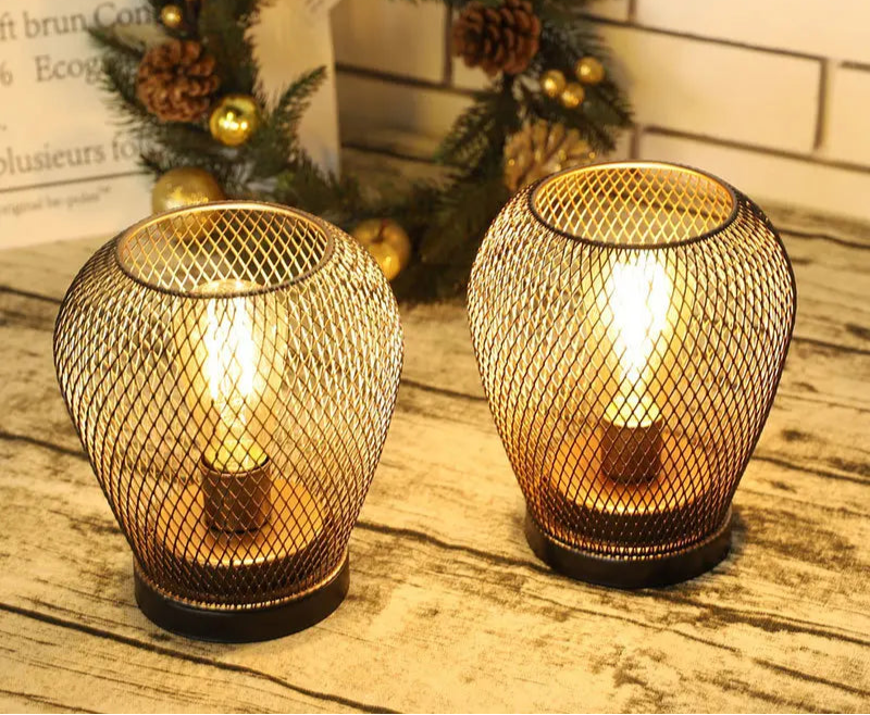 Metal Cage Table Lamp LED Lantern Battery Powered Cordless Accent Lamps Light