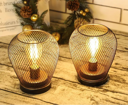 Metal Cage Table Lamp LED Lantern Battery Powered Cordless Accent Lamps Light