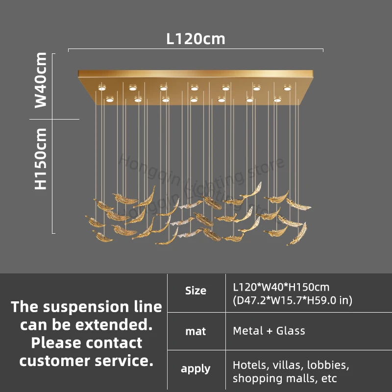 Chandelier with dimensions and material details on a gray background