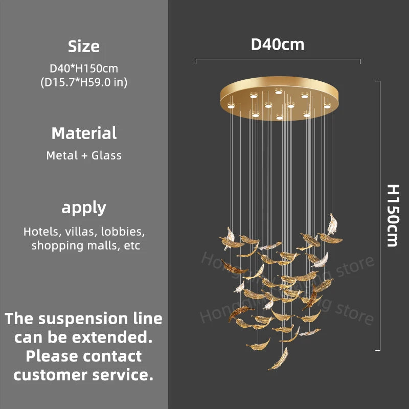 Chandelier with dimensions and material details on a dark background