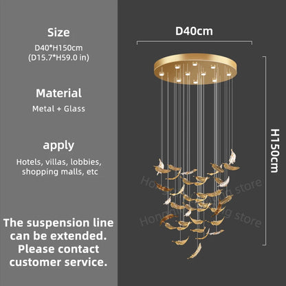 Chandelier with dimensions and material details on a dark background