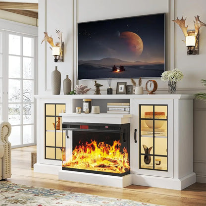 59'' Fireplace 3 Sided Glass Entertainment Center Console Table for TVs up to 65''