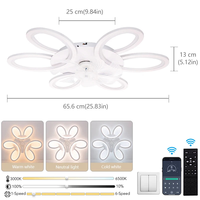 Ceiling Lamp Fan Silent 6 Speed APP Remote Control