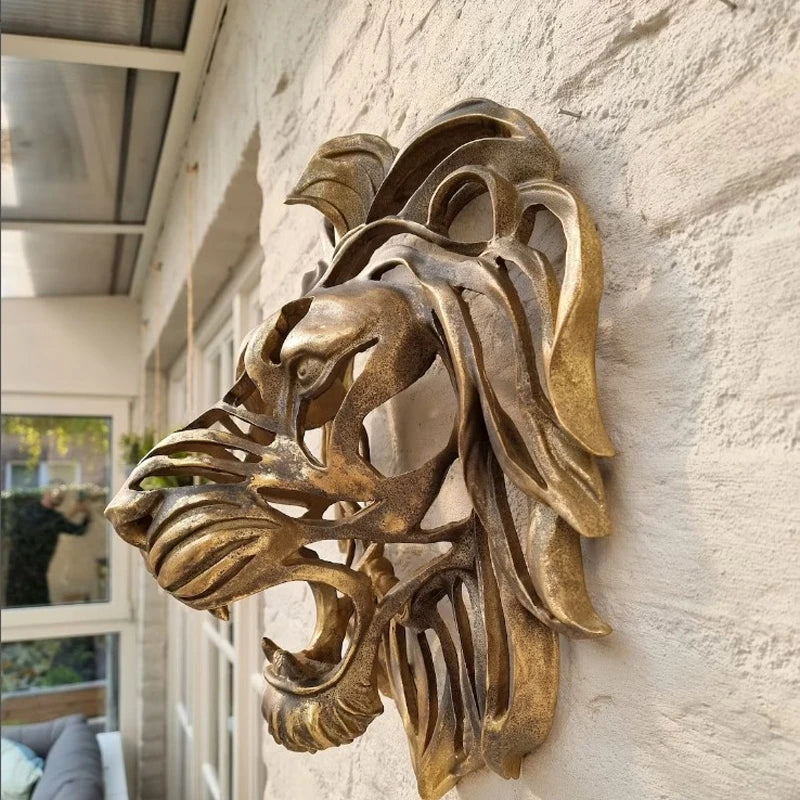 Significant Lion Head Wall Mounted Art Sculpture Gold Resin - Royal Lights & Home Decor