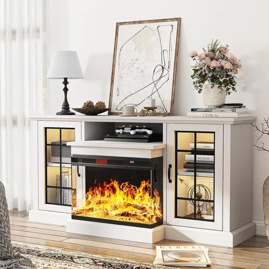 59'' Fireplace 3 Sided Glass Entertainment Center Console Table for TVs up to 65''