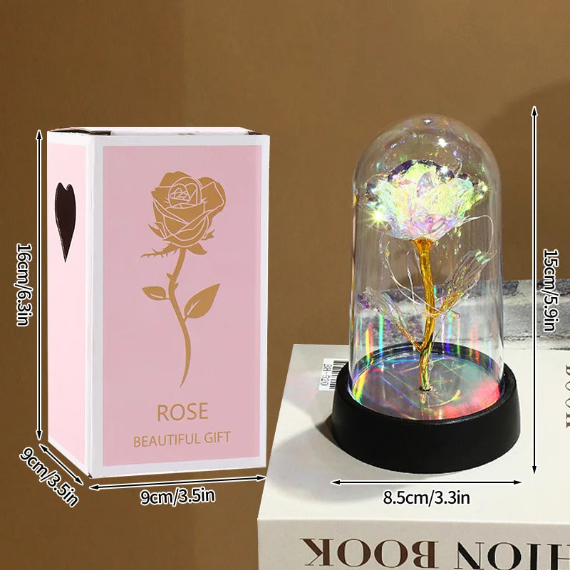 Artificial Rose Flowers Eternal Rose LED Light Foil Flower in Glass Cover