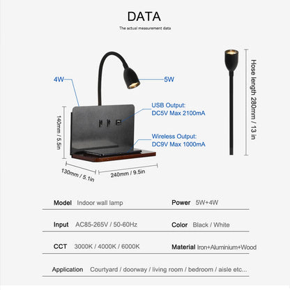 Indoor LED Wall Lamp With USB Interface And Wireless Charging 360° Rotatable Royal Lights & Home Decor