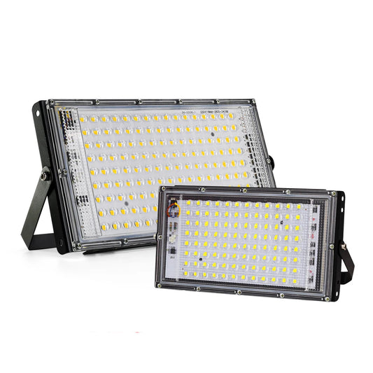 Two LED flood lights with visible components on a white background,