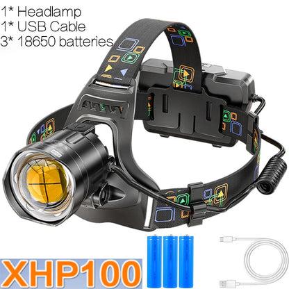 Powerful XHP100 Led Headlamp Zoomable USB Rechargeable High Power Headlight