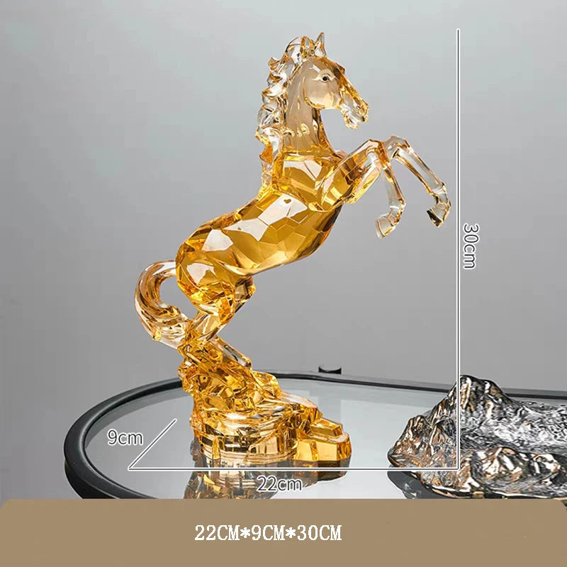 Gold horse statue with measurements on a gray background