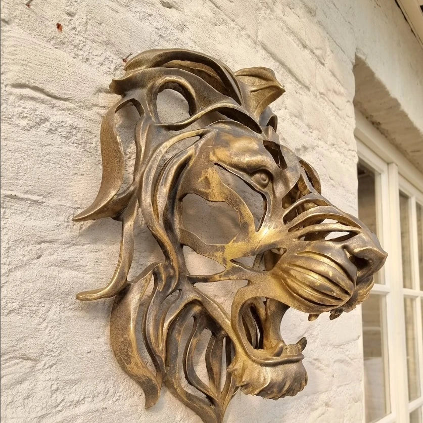 Significant Lion Head Wall Mounted Art Sculpture Gold Resin