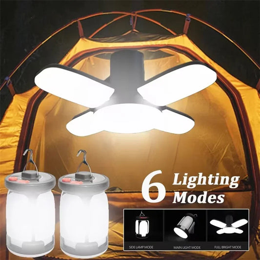 Camping light fixture with hanging lanterns inside a tent, showing six lighting modes.