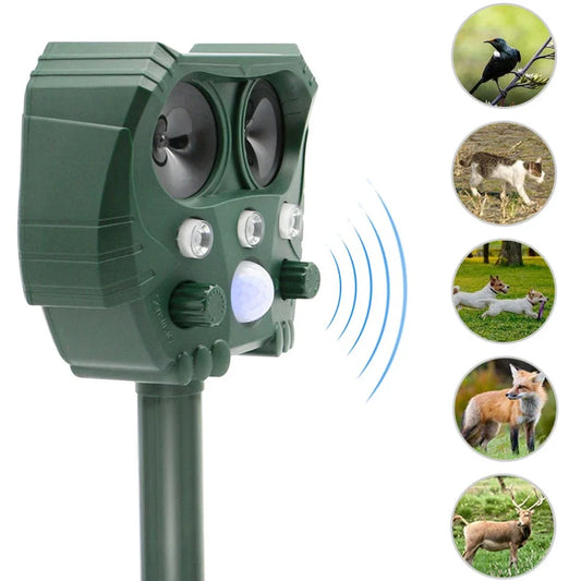 Green animal deterrent device with images of animals it repels on a white background