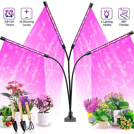 LED grow light with multiple branches on a white background with plants below.
